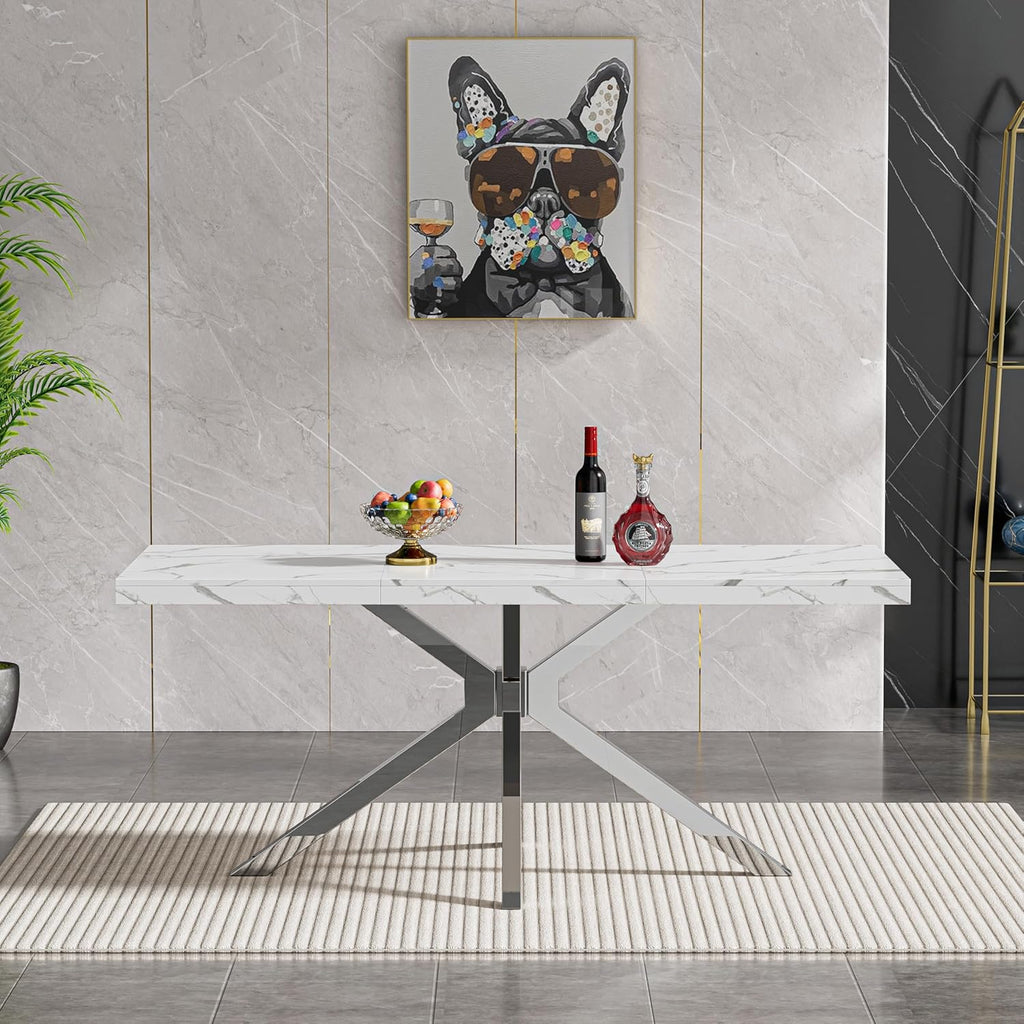 Marble Dining Table for 4 6, 70.8 Inch Rectangular Dining Room Kitchen Tables with Silver Stainless Steel Legs, Modern Luxury Dinner Tables for Kitchen, Living Room, Easy Assembly