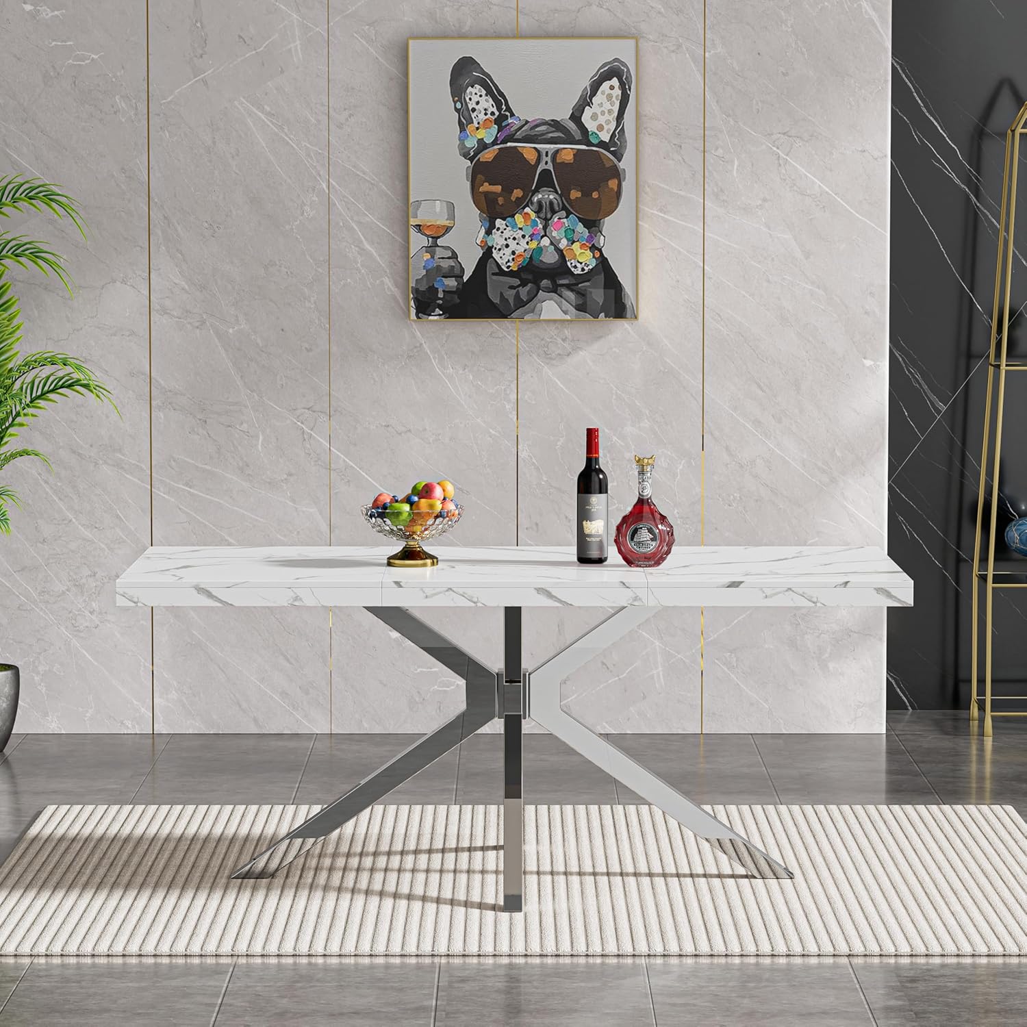 Marble Dining Table for 4 6, 70.8 Inch Rectangular Dining Room Kitchen Tables with Silver Stainless Steel Legs, Modern Luxury Dinner Tables for Kitchen, Living Room, Easy Assembly