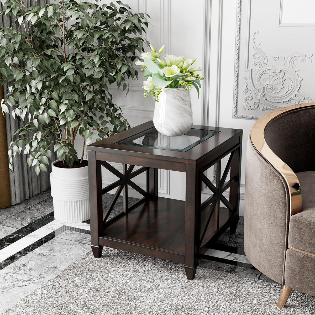 2-Tier Solid Wood End Table with Tempered Glass, Square Wooden Sofa Side Table Rustic Country Glasstop Espresso Nightstand with Shelf & Asterisk-Shaped Leg Base for Living Room, 27x22.5x24in