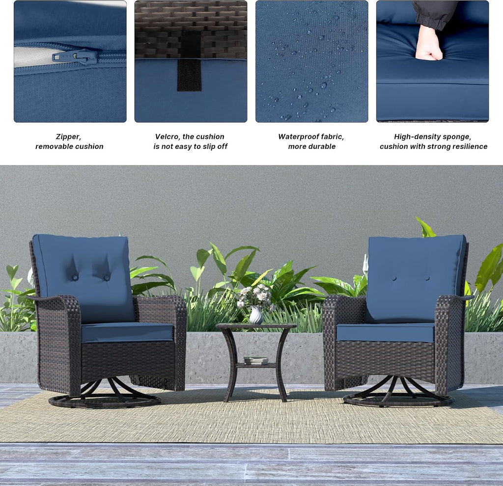 Kurapika 3 Pieces Patio Furniture Set Outdoor Swivel Gliders Rocker, Wicker Patio Bistro Set, Rattan Rocking Chair with Tempered Glass Side Table and Thickened Cushions (Navy Blue)