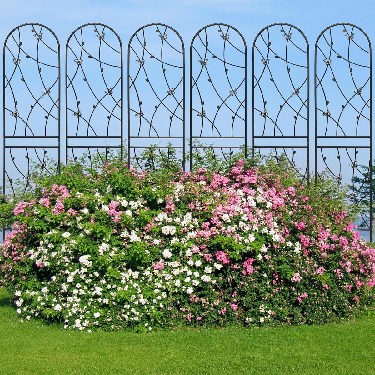 6 Pack Metal Garden Trellis 86.7" Tall Outdoor Climbing Plant Support for Roses, Flowers, Rustproof Durable Black Galvanized Tube, Lawn Garden Fence Decor Screen, 86.7" H