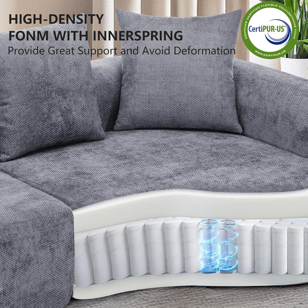 L Shaped Single Sofa, Modern Comfy Chenille Fabric Loveseat Couch, No Assembly Required Small Couch with Deep Seat, 2 Pillows for Living Room, Apartment, Bedroom