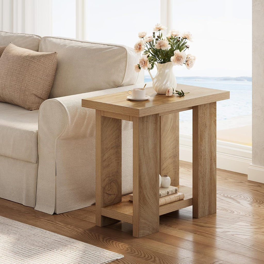 LITTLE TREE 2-Tier Side Table, Farmhouse End Table with Storage Shelves, Small Nightstand Wooden Beside Table Bed Side Table for Small Spaces, Living Room, Bedroom, Light Brown