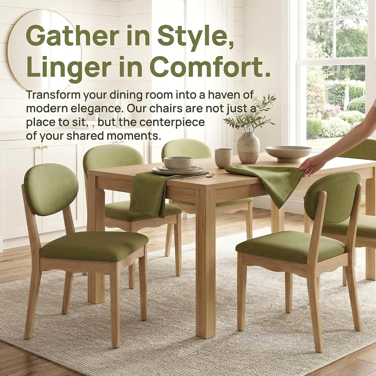 ROCITY Green Upholstered Dining Chairs Set of 2 Wood Dining Room Chairs Farmhouse Boho Kitchen Chairs Linen Fabric Natural Oak Wood