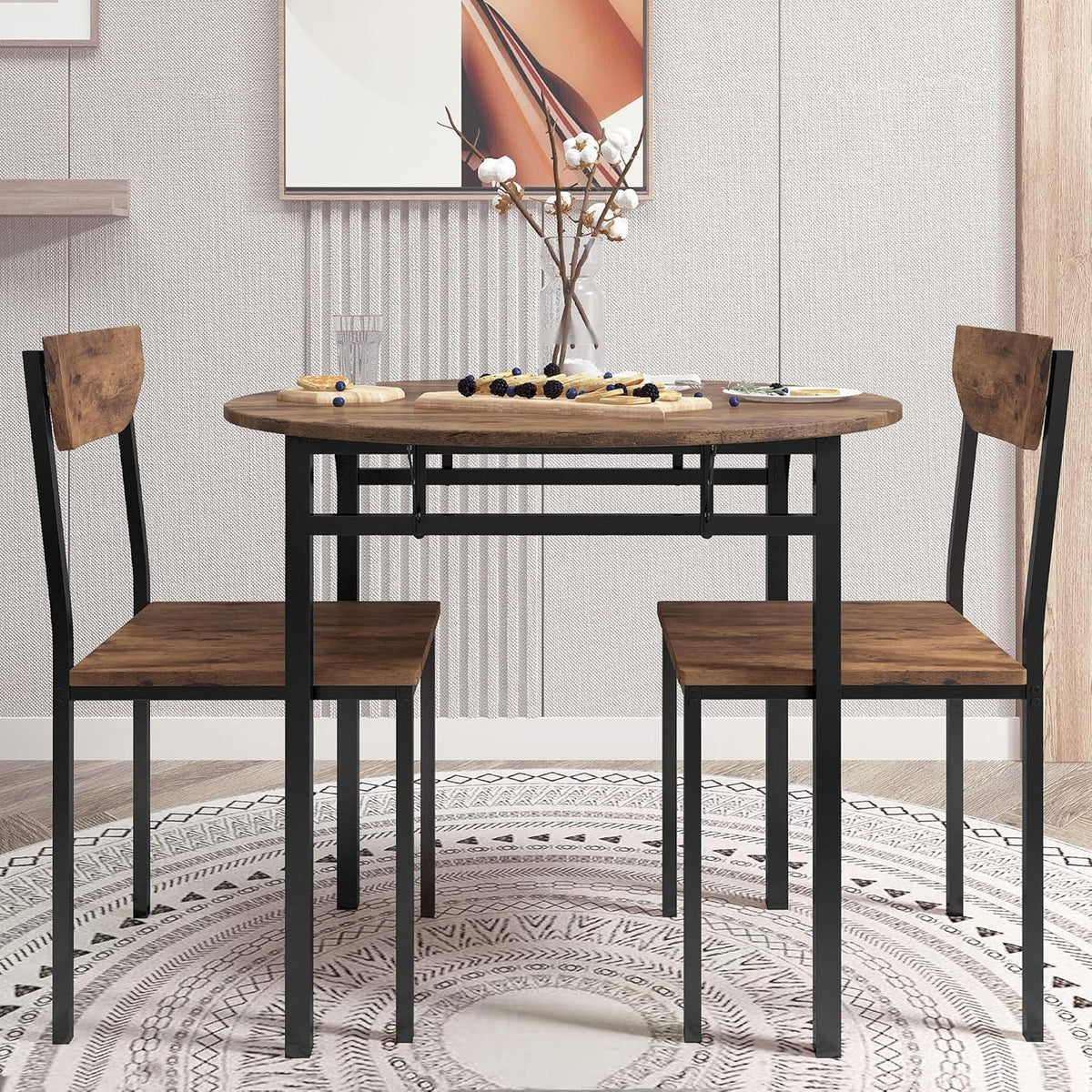 Merax 3-Piece Foldable Dining Table Set for 2 with Drop Leaf Tabletop and Two Chairs for Small Places, Kitchen, Living Room, Apartment, Rustic Brown