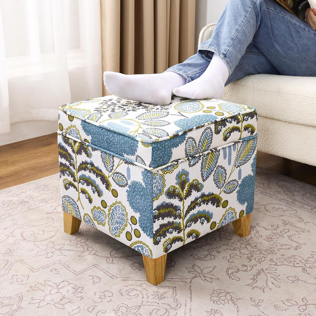 Adeco 18 Inch Linen Storage Ottoman Cube, Upholstered Footstool for Living Room & Bedroom, Vanity Stool with Safety Hinge Lid & Solid Wood Legs, 2-Min Assembly, Blue Leaves