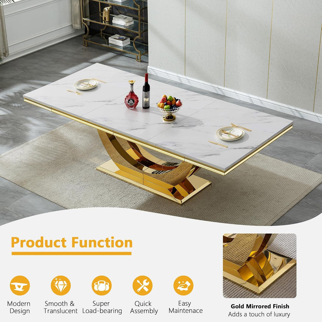 7 Piece Marble Dining Table Set for 6, 94 inch Large White Faux Marble Table with Gold U Shaped Stainless Steel Base, Modern Kitchen Dining Room Table Set for 6 with Grey Upholstered Velvet Chairs