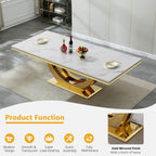 7 Piece Marble Dining Table Set for 6, 94 inch Large White Faux Marble Table with Gold U Shaped Stainless Steel Base, Modern Kitchen Dining Room Table Set for 6 with Grey Upholstered Velvet Chairs