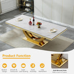 94 in Luxury Faux Marble Dining Table for 6 8 10 People, White Faux Marble Dining Table with Gold U Shaped Stainless Steel Base, Large Rectangular Modern Kitchen Dining Room Table for Family Gathering