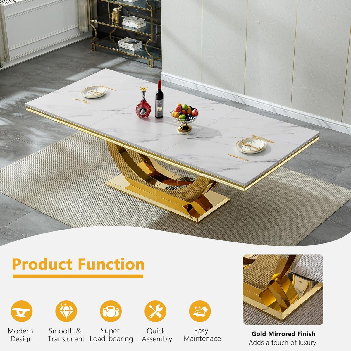 94 in Luxury Faux Marble Dining Table for 6 8 10 People, White Faux Marble Dining Table with Gold U Shaped Stainless Steel Base, Large Rectangular Modern Kitchen Dining Room Table for Family Gathering