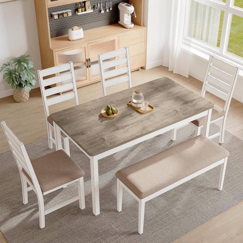 59" Dining Table Set Farmhouse Rectangular White Kitchen Room Table & Chairs Set Solid Wood Stable Space Saving Easy Clean (1 Bench& 4 Chairs)
