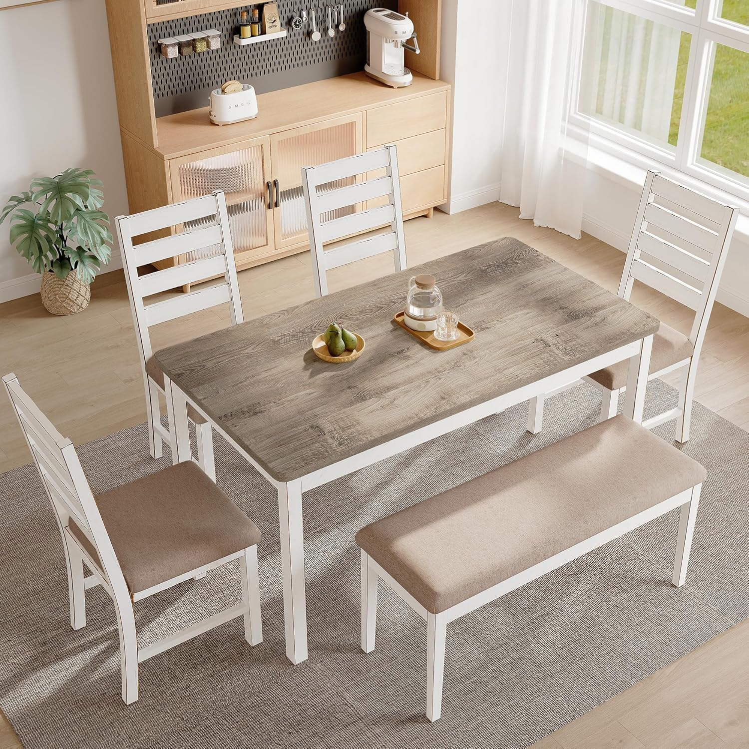 59" Dining Table Set Farmhouse Rectangular White Kitchen Room Table & Chairs Set Solid Wood Stable Space Saving Easy Clean (1 Bench& 4 Chairs)