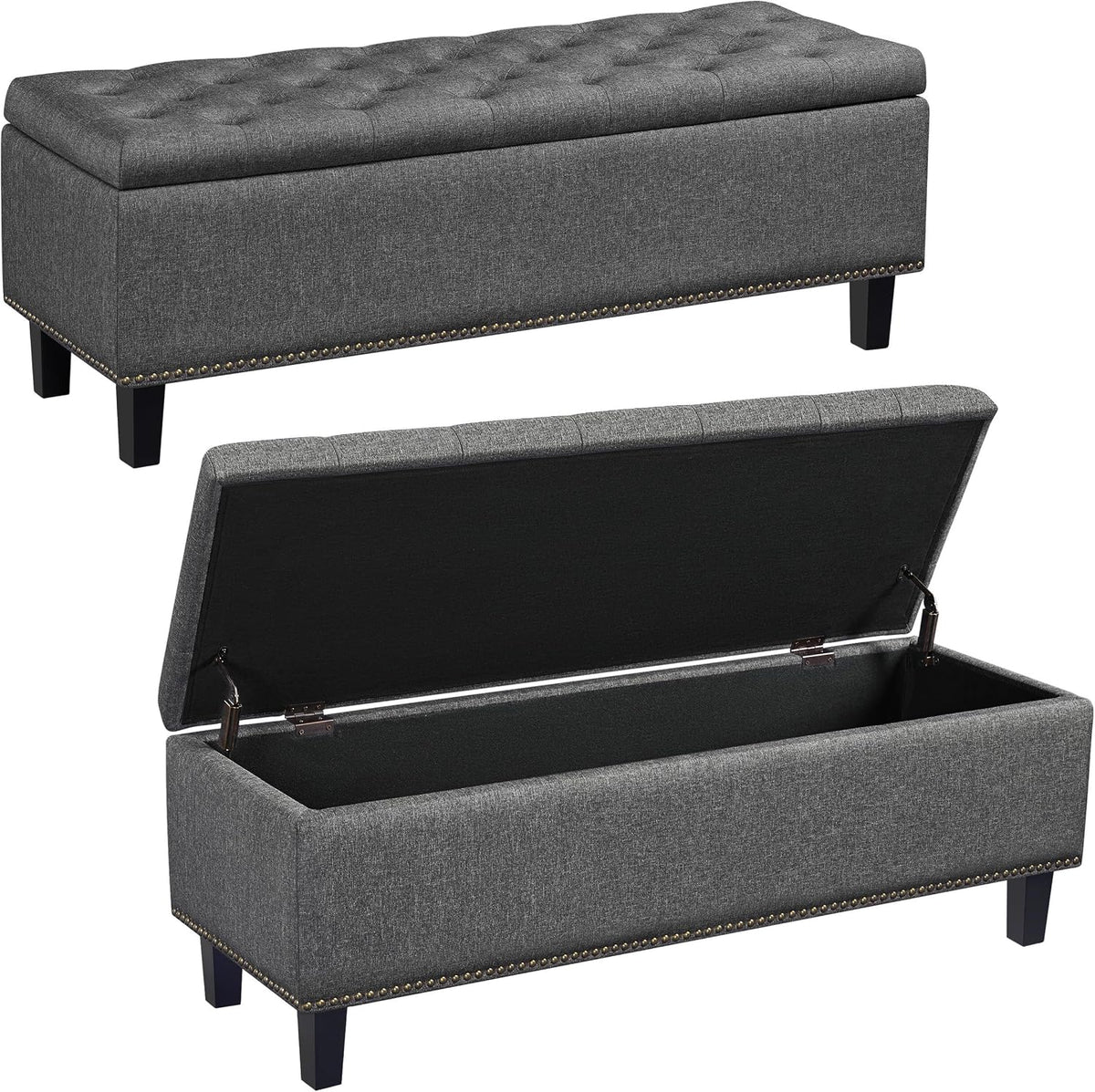 Yaheetech 49in Square Storage Ottoman Coffee Table with Nailhead, Dark Gray | Button-Tufted Linen-Look Fabric Bench, 3.5C Storage Space, Wood Legs, Metal Hinges, for Bedroom Foot of Bed Living Room