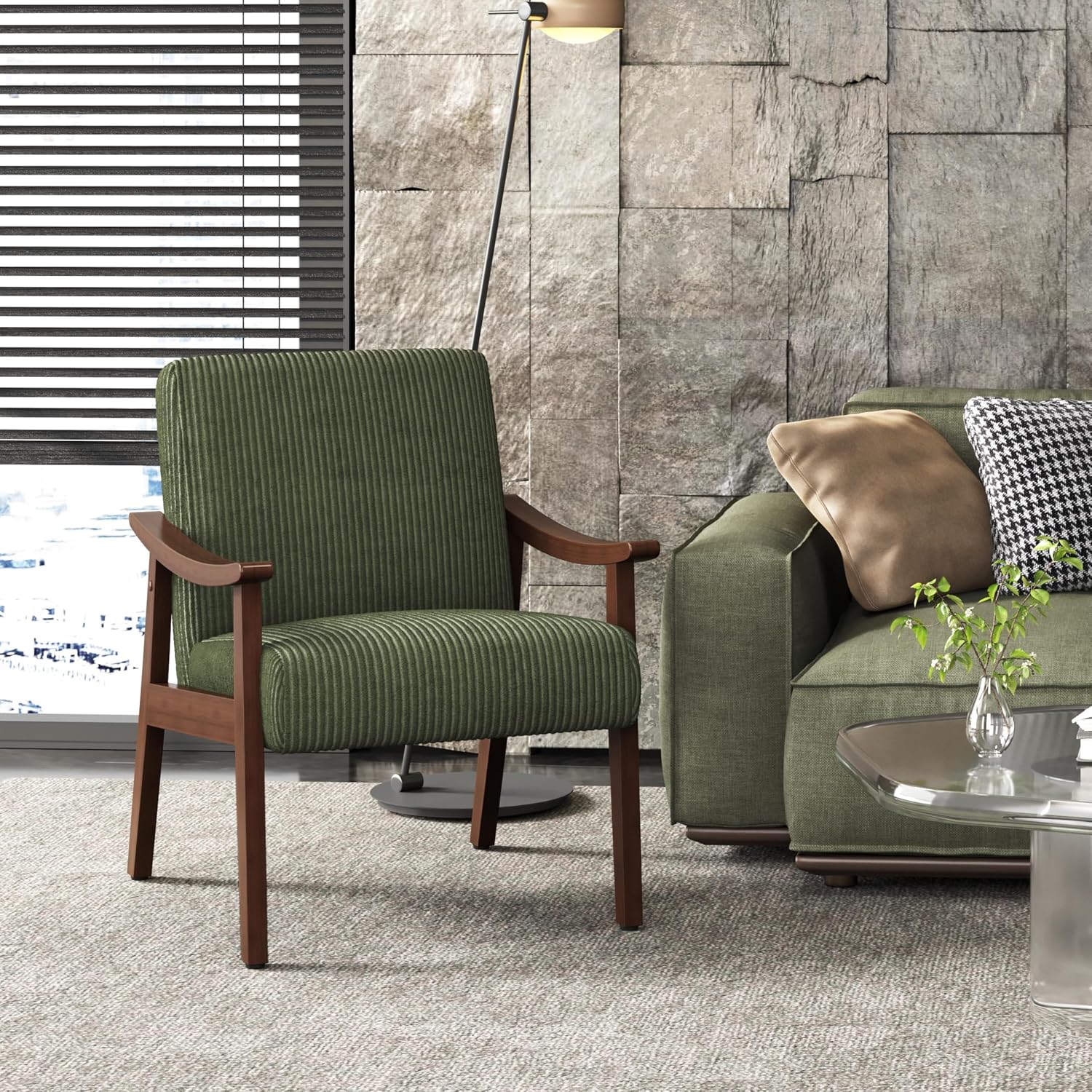 Yaheetech Accent Chairs, Mid-Century Corduroy Fabric Armchairs, Dark Green | Corduroy Chair with Solid Wood Legs, Cozy Reading Leisure Chair for Living Room, Bedroom, Waiting Room