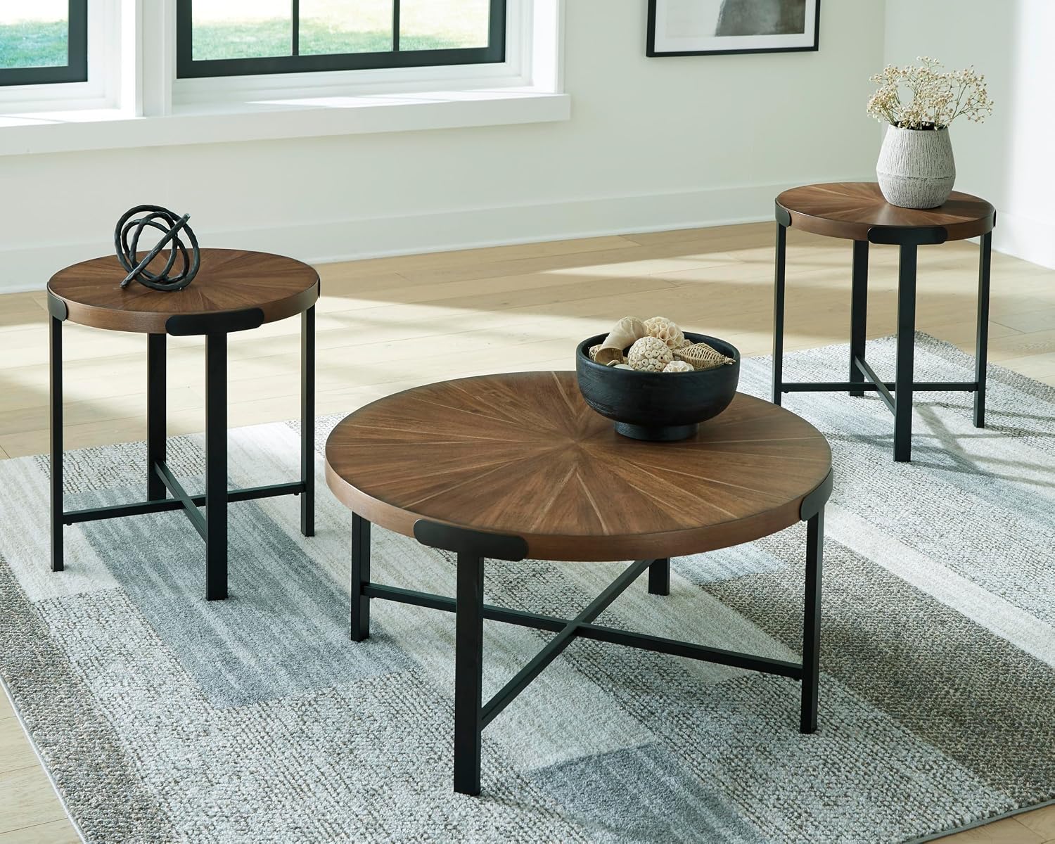 GTU Furniture Casual Acacia Wood Square 3-Piece Coffee Table Set, Cocktail Table with 2 Matching End Tables, Brown Finish for Living Room