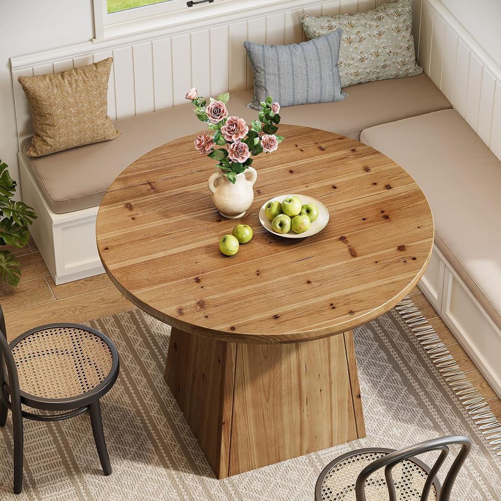 Solid Wood Round Dining Table for 4, Small Circle Kitchen Table with Thickened Top & Sturdy Pedestal Base for Dining Room, Living Room, Kitchen, 39.4 x 29.5 Inches, Farmhouse Style (Table Only)