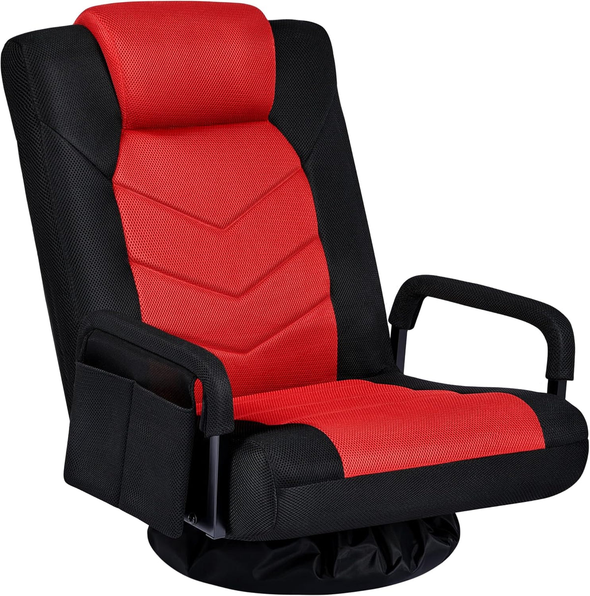 Yaheetech Floor Gaming Chair High-Back Swivel Adjustable Folding Seat Red | Foam-padded polyester mesh seat on an iron frame swivels 360°, reclines for gaming or TV, and folds flat for easy storage.