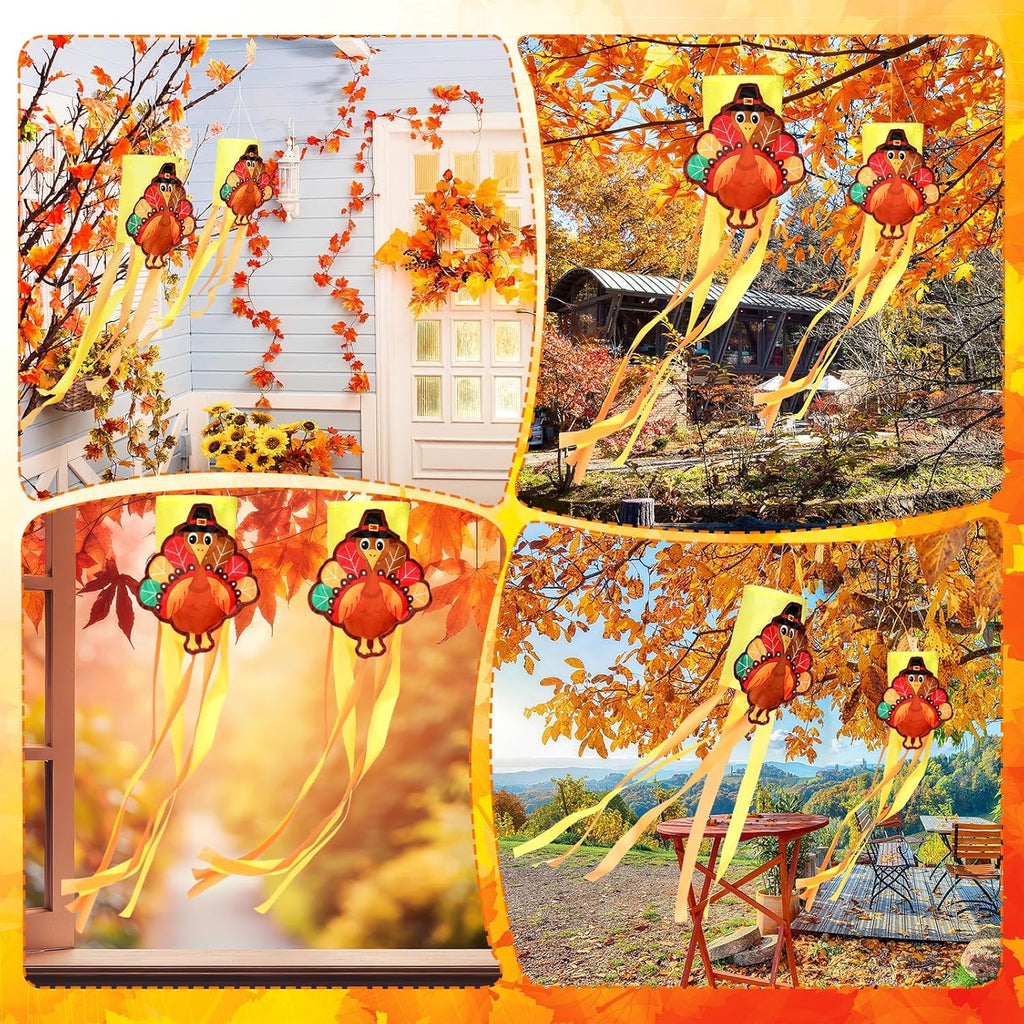 2 Pcs Thanksgiving Turkey Windsocks 40'' Fall Thanksgiving Outdoor Hanging Decoration Vintage Windsock with Pilgrim Hat Colorful Streamer for Autumn Party Farmhouse Window Yard Garden Decor
