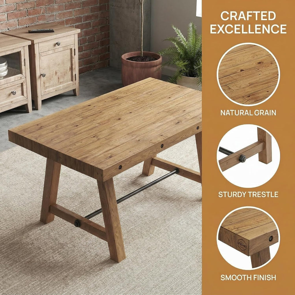 Rustic Dining Table for 4-6 People, 59" Farmhouse Rectangular Kitchen Table, Reclaimed Solid Wood Dining Room Table with Trestle Base for Kitchen/Dining Room, Home Office, Rustic Brown