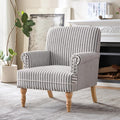HUIMO Linen Fabric Accent Chair, Mid-Century Modern Upholstered Armchair with Solid Wood Legs, Comfy Reading Club Chair for Living Room Bedroom (1, Dark Grey and White Stripe)