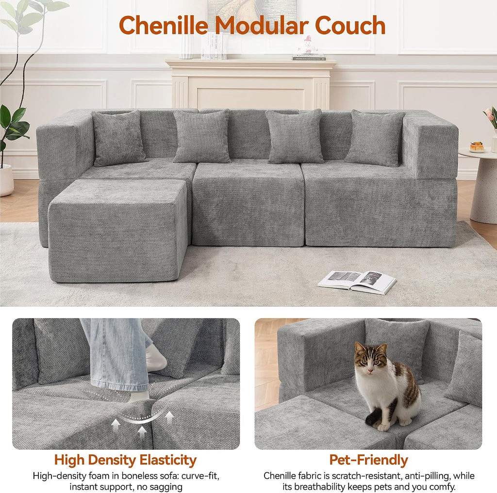 MONVANE 103'' Modular Sectional Sofa, Cloud Sectional Couch with Ottoman, Convertible Chenille L Shaped Couch with Deep Seat, Sectional Couches for Living Room, No Assembly Required, Light Grey