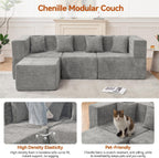 MONVANE 103'' Modular Sectional Sofa, Cloud Sectional Couch with Ottoman, Convertible Chenille L Shaped Couch with Deep Seat, Sectional Couches for Living Room, No Assembly Required, Light Grey
