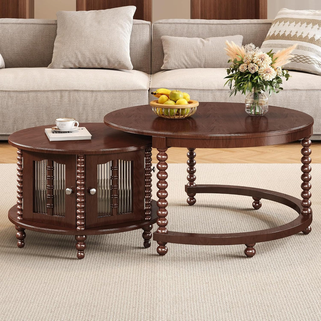 32" Vintage Designed Stacking Nesting Tables, Set of Nesting Tables with Hidden Storage Cabinet, Side Tables with Classic Retro Decor for Indoor Home Spaces, Walnut