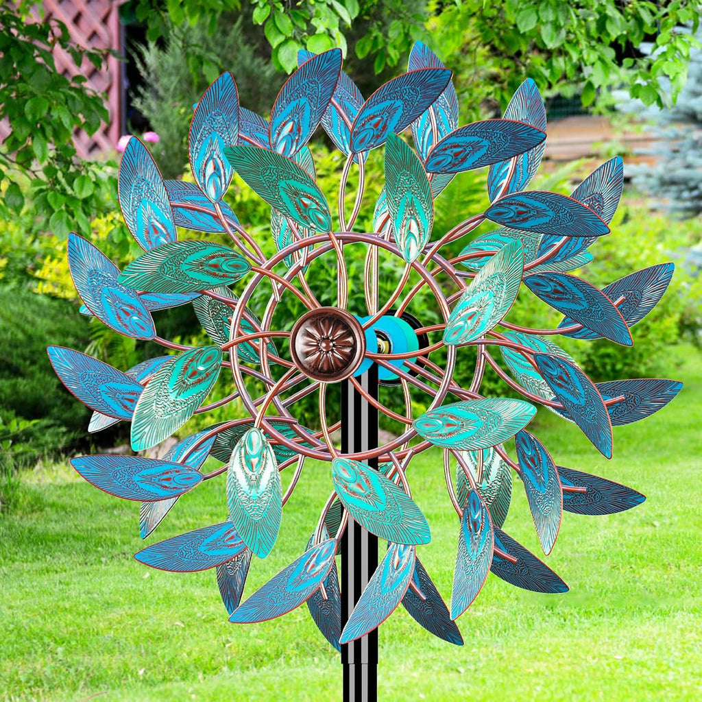 66 Inch Metal Outdoor Wind Spinner, 2-Way Wind Sculpture Spinner with Metal Stake, Waterproof 360 Degrees Kinetic Windmill Art Decoration for Patio Garden Lawn (A- Vintage Blue)