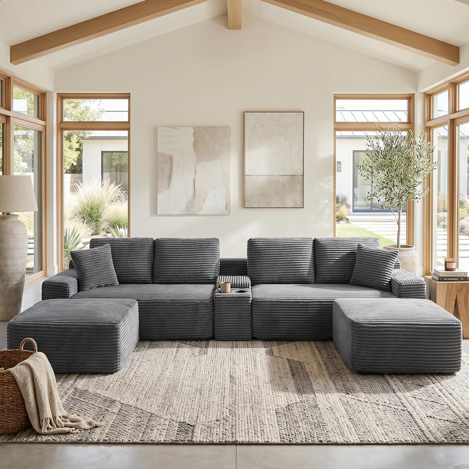 125" Oversized Sectional Couches for Living Room, Modern Cloud Couch with Ottoman,USB Port&Cup Holders, Comfy Corduroy Modular Sectional U Shape Sofa Couch for Apartment, Grey Couch in a Box