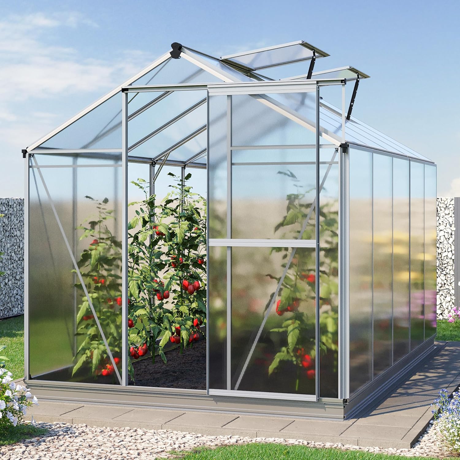 Greenhouse Jasmin 5 Aluminum Frame - 6.3 x 10.4 ft Approx. 6 mm Polycarbonate Panels - Bonus Base Frame and Automatic Vent Opener