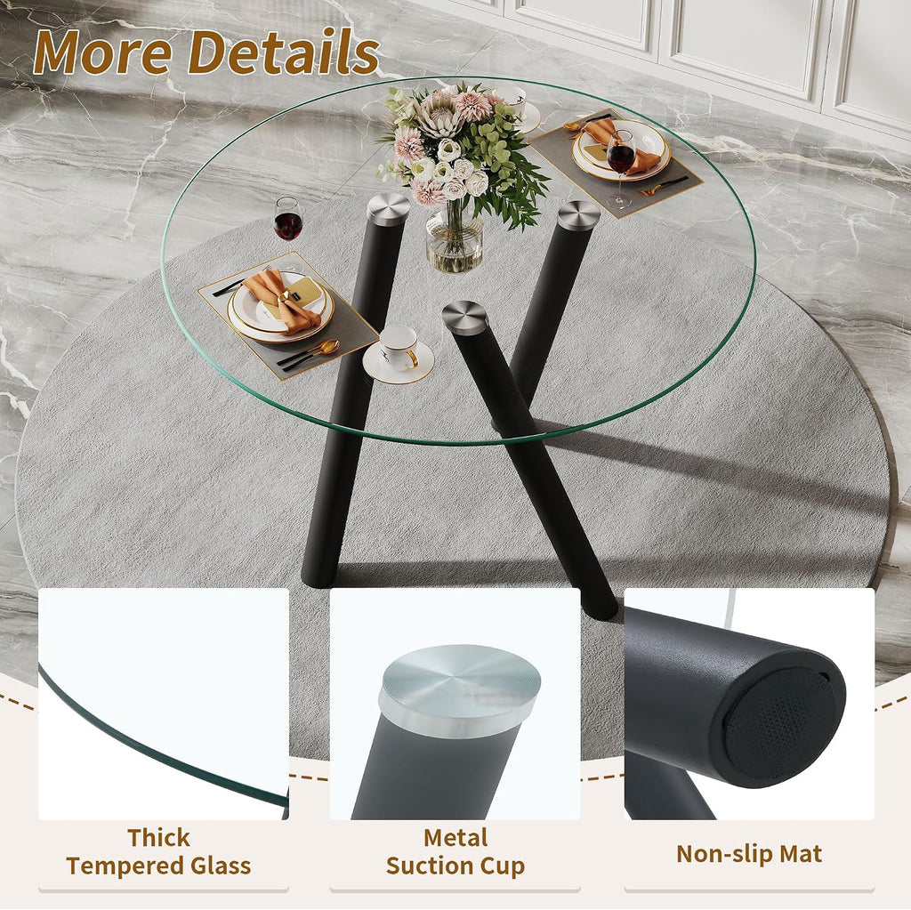 35" Round Dining Table for 4, Modern Round Glass Dining Table with Metal Legs, Round Kitchen Table for Dining Room Home Office Small Spaces