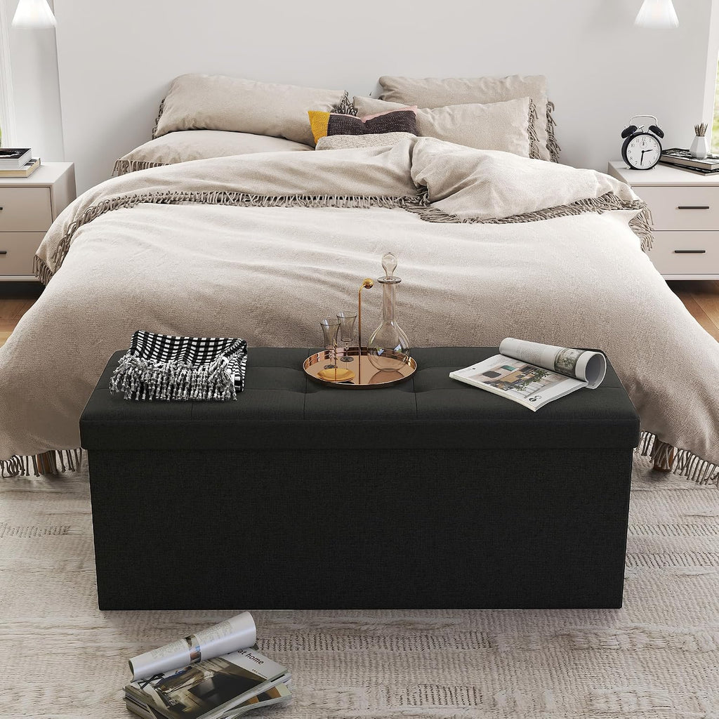Ottoman with Storage,Black | Folding Storage Ottoman Bench for Living Room and Bedroom,Rectangle Foot Rest Stools Holds up to 660 lbs