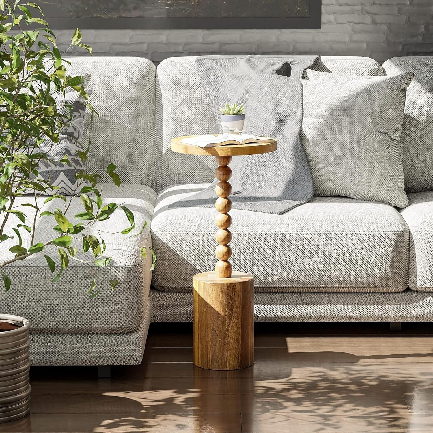 COZAYH Set of 2 Farmhouse Pedestal End Tables, Round Rustic Wood Drink Table with Base Small Space Living Room, Bedroom, Natural Wood Color
