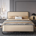 SHA CERLIN Queen Size Metal Bed Frame with Upholstered Headboard, Beige