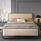 SHA CERLIN Queen Size Metal Bed Frame with Upholstered Headboard, Beige