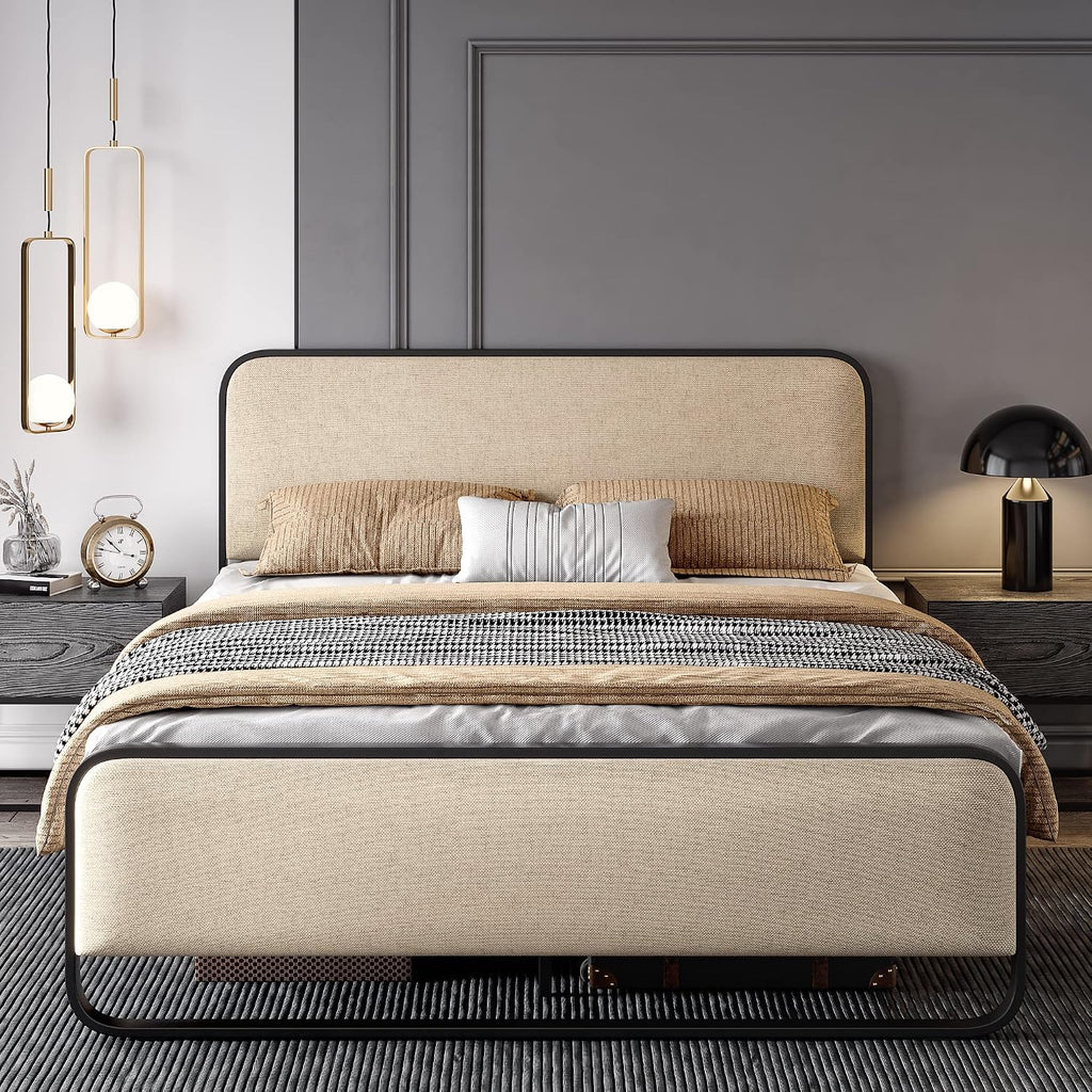 SHA CERLIN Full Size Metal Bed Frame with Upholstered Headboard, Beige