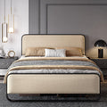 SHA CERLIN Full Size Metal Bed Frame with Upholstered Headboard, Beige