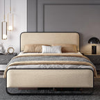 SHA CERLIN Full Size Metal Bed Frame with Upholstered Headboard, Beige