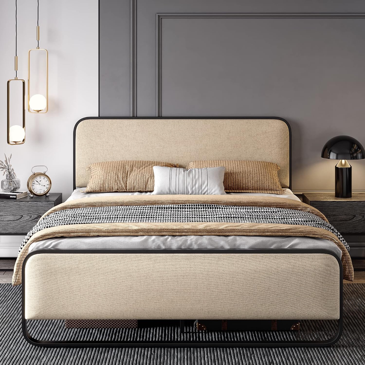 SHA CERLIN Full Size Metal Bed Frame with Upholstered Headboard, Beige