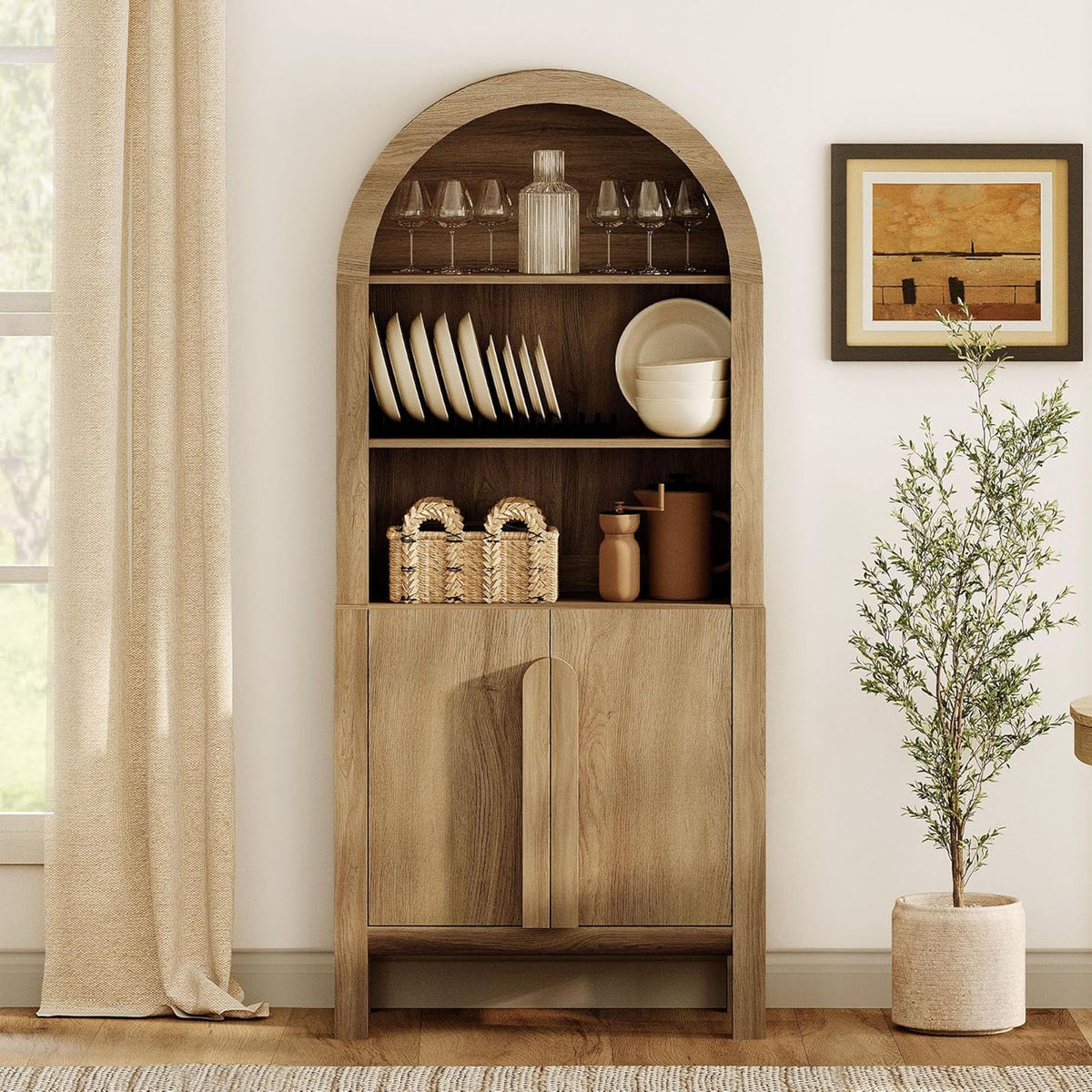 WAMPAT 71" Tall Arched Kitchen Pantry Cabinet, 5 Tiers Modern Farmhouse Bookcase with Doors and Adjustable Shelves, Wood Display Bookcase for Kitchen, Dining Room, Walnut, 1PC