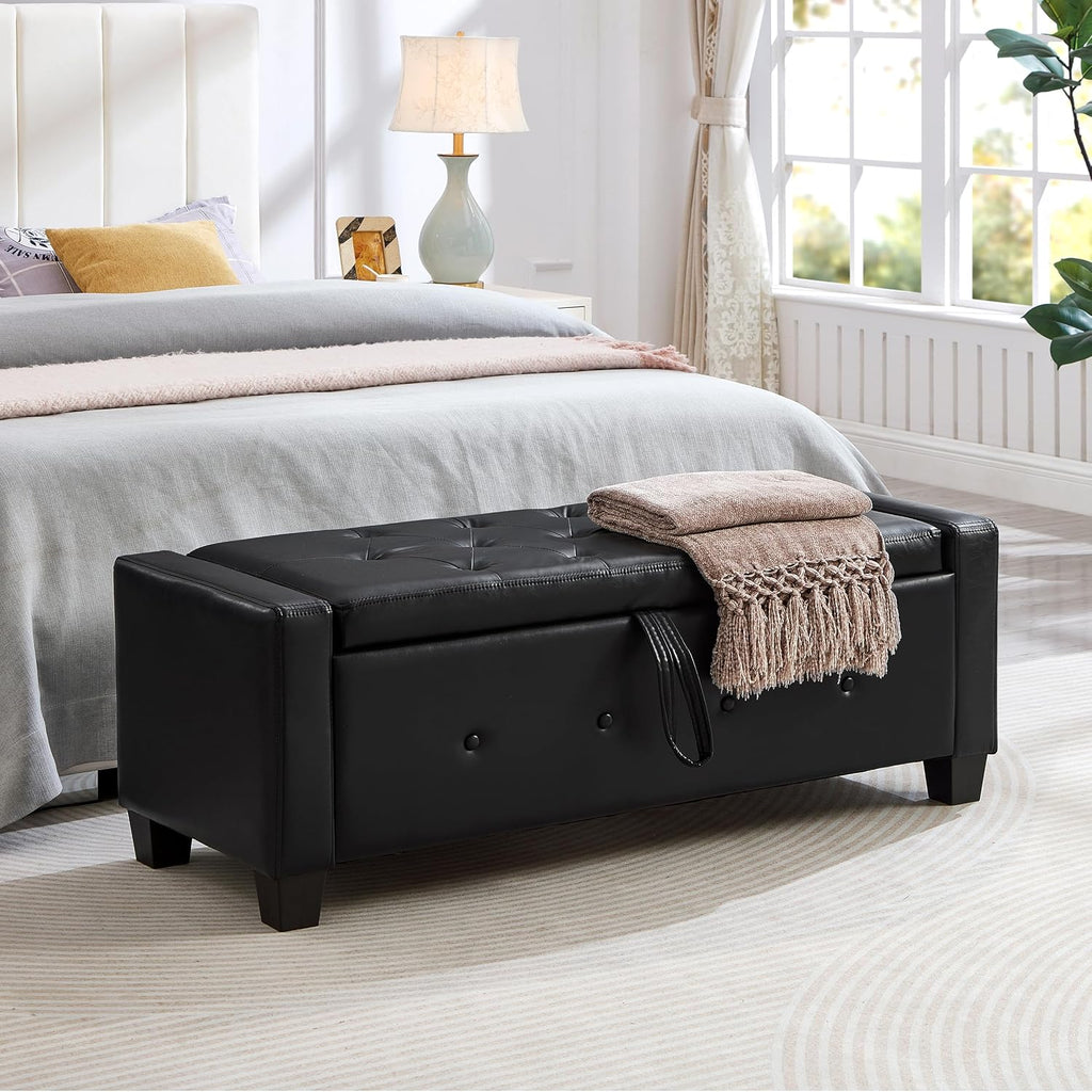 Betoko PU Leather Ottoman Bench with Storage,48" Mid Century Modern Storage Bed Bench for Bedroom,Button Tufted Ottoman Benches with Seating for Living Room,Entryway,Window (New PU Black)