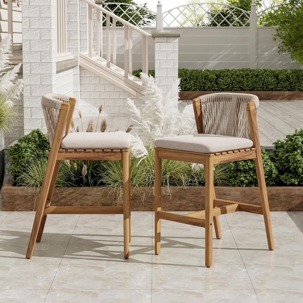 Christopher Knight Home Cuz Patio Barstool Set of 2, Outdoor Counter Height Stool with Sturdy Acacia Wood Frame and Rope Backrest, Bar Stool with Seat Cushion for Backyard Garden, Beige + Teak
