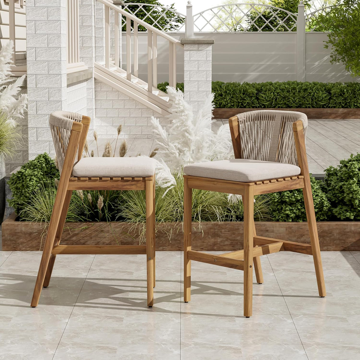 Christopher Knight Home Cuz Patio Barstool Set of 2, Outdoor Counter Height Stool with Sturdy Acacia Wood Frame and Rope Backrest, Bar Stool with Seat Cushion for Backyard Garden, Beige + Teak