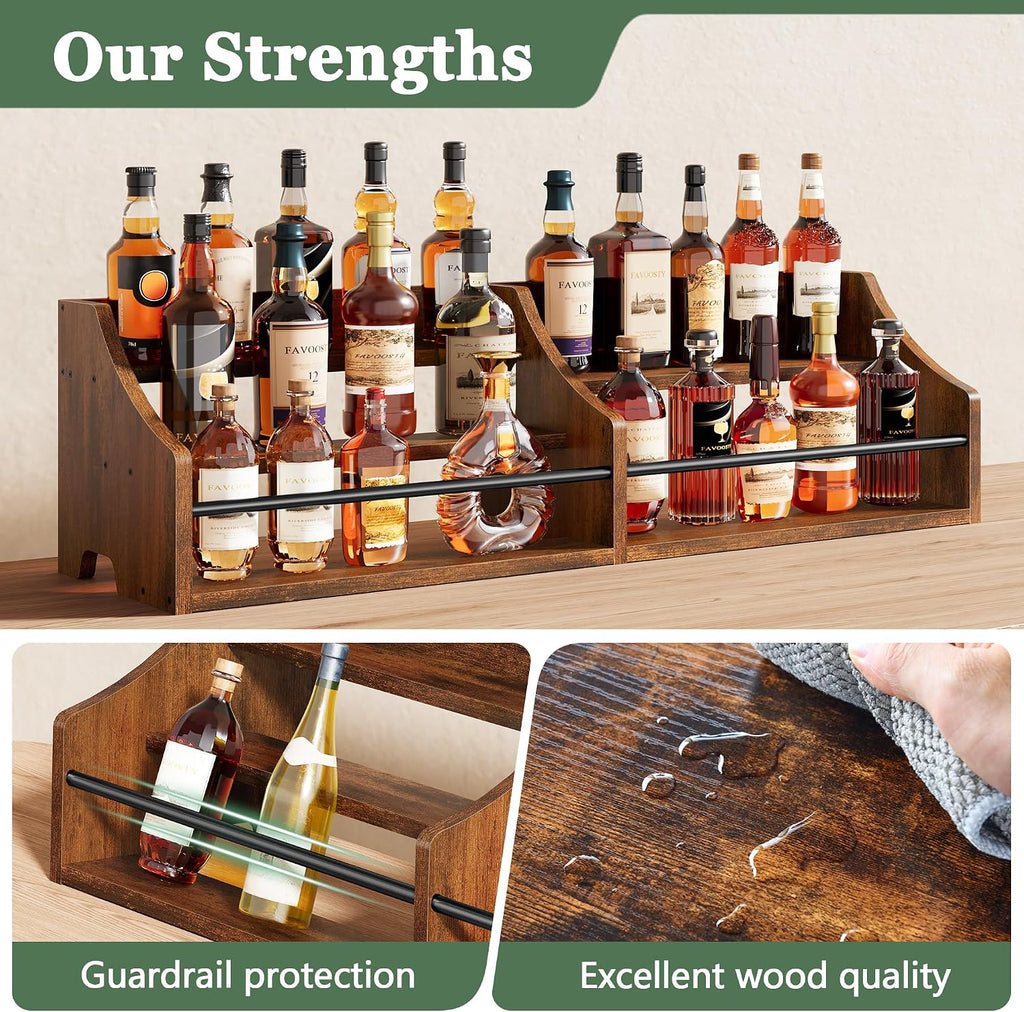 FAVOOSTY 5 Tier Countertop Liquor Bottle Display Shelf Organizer, Retro Tabletop Wine Rack Stand, Storage Holder for Whiskey, Spirits, Coffee Syrup, Mini Home Bar & Liquor Cabinet, Rustic Brown