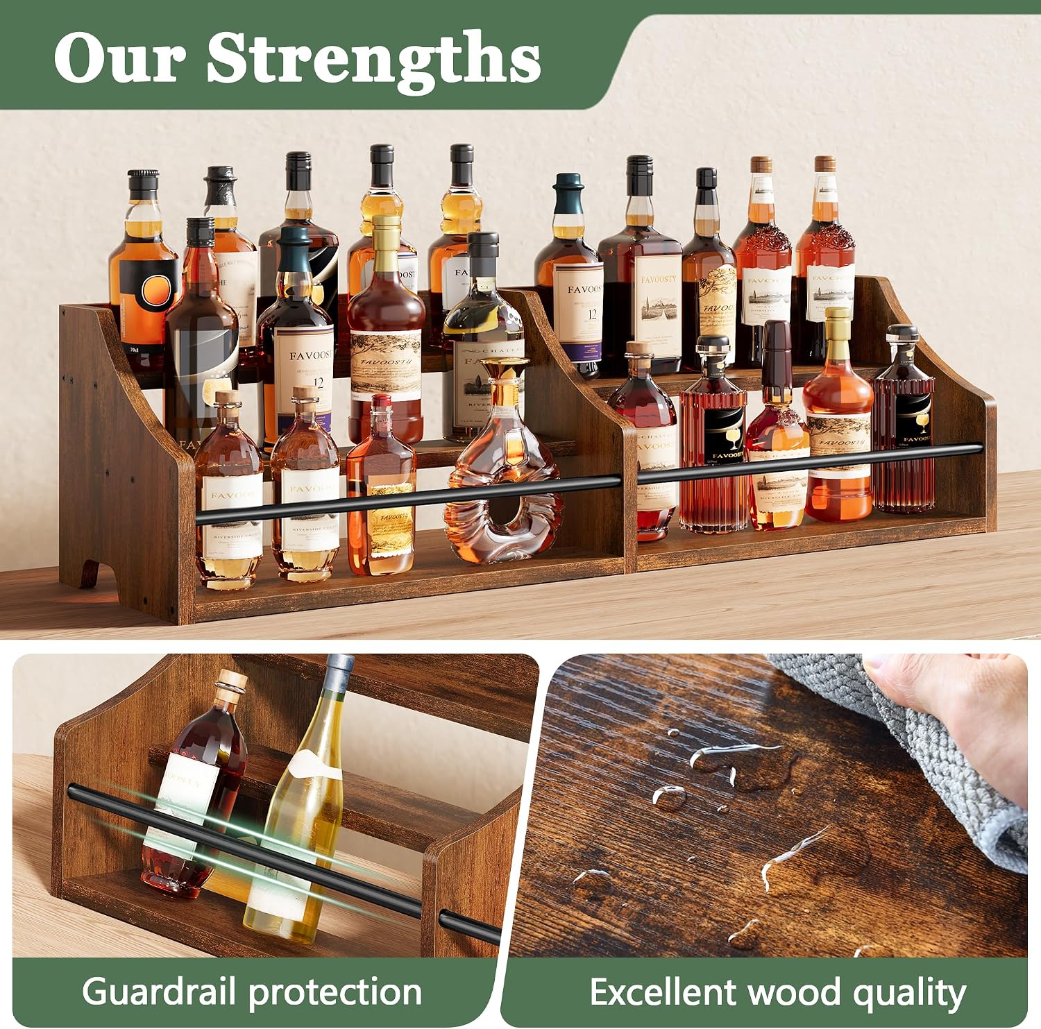 FAVOOSTY 5 Tier Countertop Liquor Bottle Display Shelf Organizer, Retro Tabletop Wine Rack Stand, Storage Holder for Whiskey, Spirits, Coffee Syrup, Mini Home Bar & Liquor Cabinet, Rustic Brown
