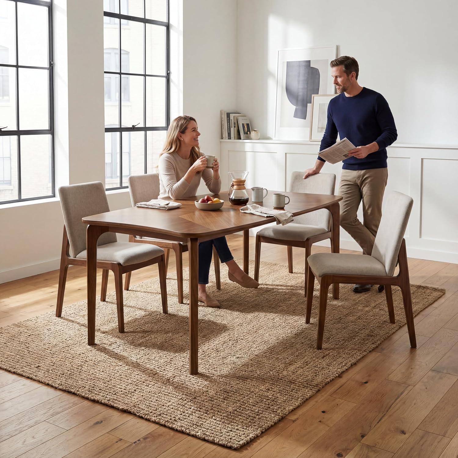 HNY Modern Curved Edge Dining Table, 63" Solid Wood Kitchen Table with Herringbone Pattern Mid-Century Rectangular Dinner Table for 6-8 People, Walnut Color Finish
