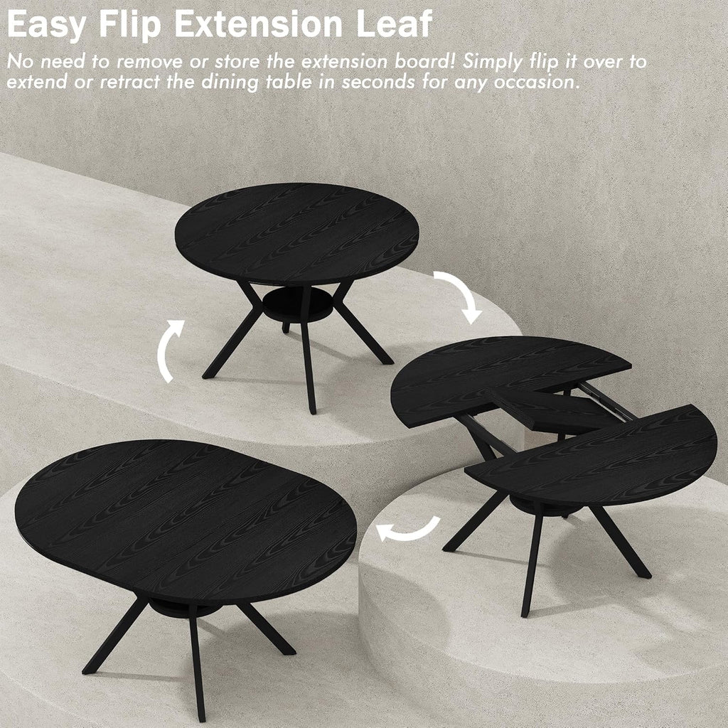 42"-58" Extendable Round Dining Table with Built-in Flip Leaf, Modern Oval Kitchen Table for 4-6, Space-Saving Small Room Furniture with Storage Shelf and X-Shaped Metal Base for Kitchen, Dining Room