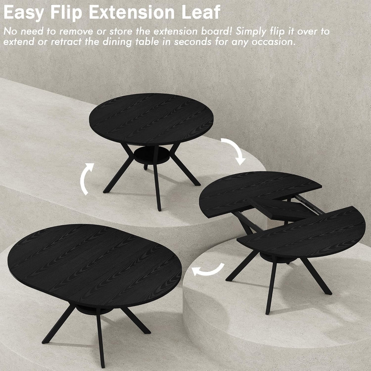 42"-58" Extendable Round Dining Table with Built-in Flip Leaf, Modern Oval Kitchen Table for 4-6, Space-Saving Small Room Furniture with Storage Shelf and X-Shaped Metal Base for Kitchen, Dining Room