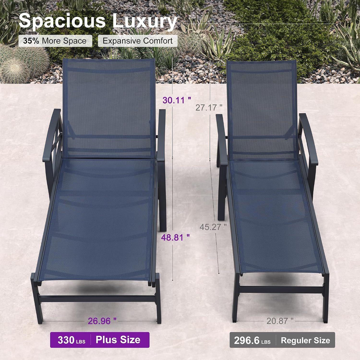 PURPLE LEAF Oversized Outdoor Lounge Chair Set of 2 Aluminum, Deep Blue | Extra wide full relaxation, Textilene quick dry & durable, Powder coat for anti-rust, Armrests added comfort, 5-Position