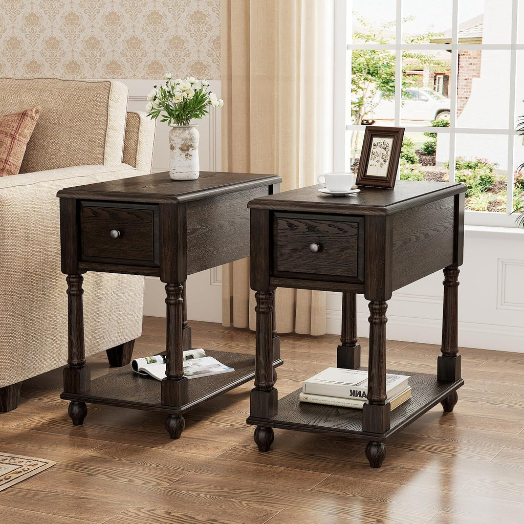 Set of 2 Narrow Open End Table with Drawer, Solid Wood Side Table 2-Tier Skinny Table with Storage Shelves Slim Nightstand Small Sofa End Table for Living Room Bedroom-Antique Black 004BK